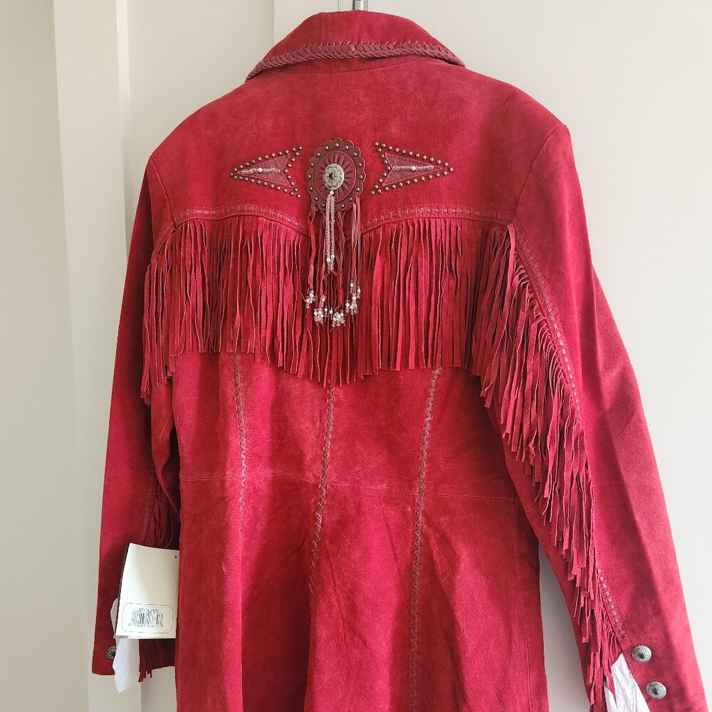 SCULLY red suede leather fringed 3/4 length coat Large - Picture 2 of 6